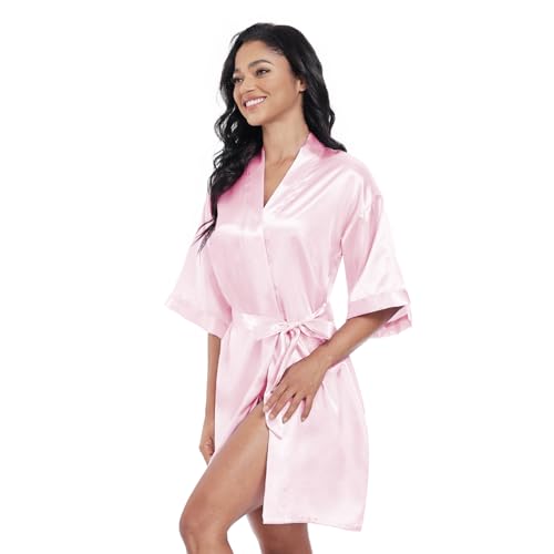 Image of Women's Short Satin Robes Lightweight Silky V-Neck Sleepwear Wedding Bridal Party Bride Bridesmaid Bathrobes