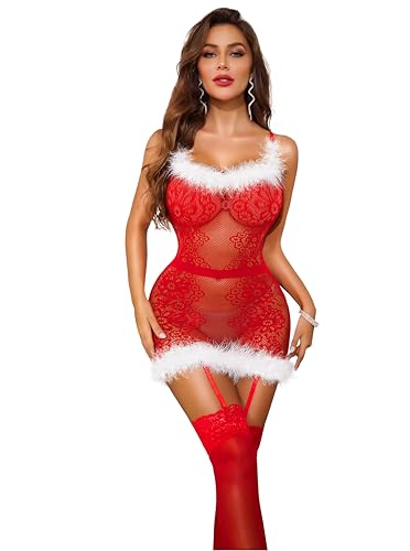 RSLOVE Sexy Weihnachts Set - Weihnachten Babydoll Damen Catsuit Body Spitze One Size
