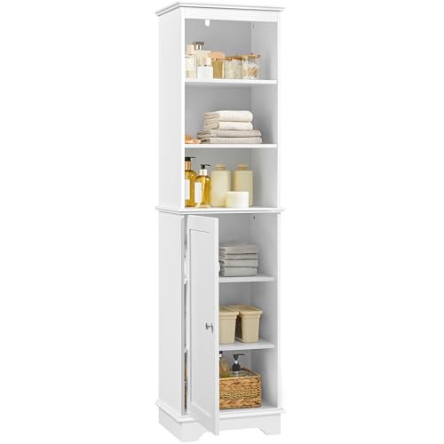 Yaheetech Tall Slim Storage Cabinet with 3 Shelves & Door, Freestanding Linen Cabinet for Bathroom, Living Room, Entryway, 16 x 12 x 60.5 Inches, White