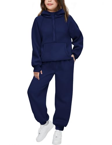 Image of Arshiner Girls 2 Piece Outfits Sweatsuit Half Zip Sweatshirt and Sweatpants | Fall Winter, Drop Shoulder Long Sleeve, Thumbhole Hoodies, with Sweatpant, Jogger Set, Sweat Set, Tracksuits with Pockets
