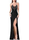 VFSHOW Womens Formal Prom Sexy Halter Deep V Neck Backless Rhinestone Maxi Long Dress Shiny Strap Gala Black Tie Ball High Slit Evening Gown (Black, X-Large) 11061 BLK XL