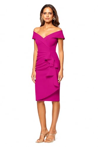 Image of Xscape Women's Bodycon Midi Off-The-Shoulder Ruffle Dress with Center Back Zipper, Petite & Plus Size