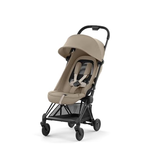Image of Cybex Coya Compact Stroller, Lightweight One-hand Fold, Travel-Friendly Pram for Newborns, Infants, and Toddlers, Age 0-4 years, Flat Recline Position, One Pull Harness, Hand Luggage Compatible, Stroller (Cozy Beige and Black Frame)
