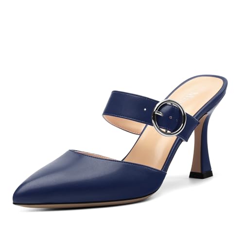 Kitten Heels Mules for Women Buckle Pointed Closed Toe Stiletto Heel Mules Pumps Slip-On Sandals for Business and Daily Wear 2.5inch