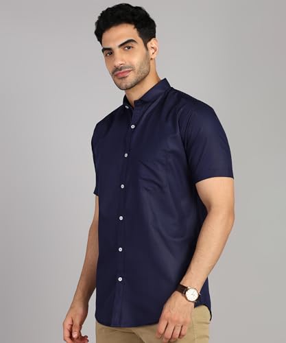 Image of MILDIN Men's Cotton Blend Solid Shirt with Spread Collared Half Sleeve Curved Hemline Button Closure Regular Fit and One Pocket | Half Sleeve Shirt for Men