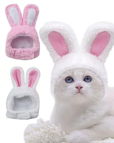 Zeayebsr 2 Stück Katze Hut, Nett Haustier Hut, Katze Kostüm mit Hasenohren, Häschenkostüm für Katzen und Welpen, Halloween Oster-Cosplay Weihnachten Party Kostüm Kopfbedeckung, für Haustier