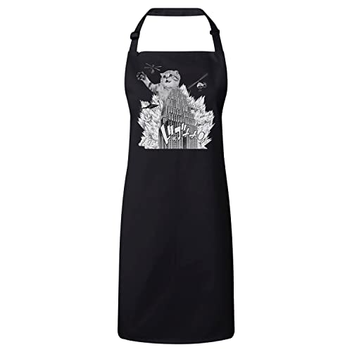 Tablier noir chaton gratte-ciel style collage art pour cuisine