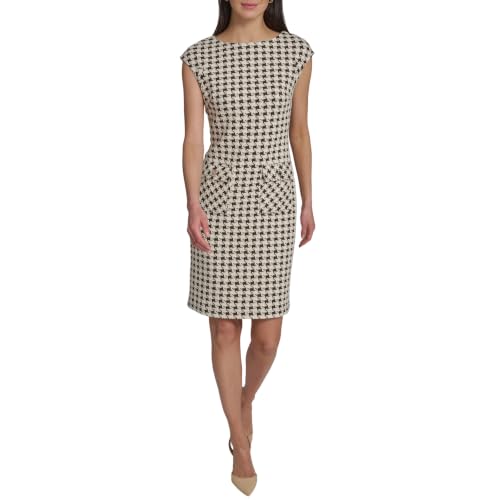 Image of Tommy Hilfiger Women's Cap Sleeve Crew Neck Two Hip Pockets Pixelated Houndstooth Sheath Dress