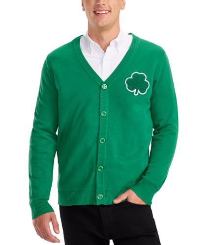 Tipsy Elves St. Patrick’s Day Men’s Cardigan - Soft Knit Button-Up Sweater, Green - Lucky St Paddy’s Party Outfit