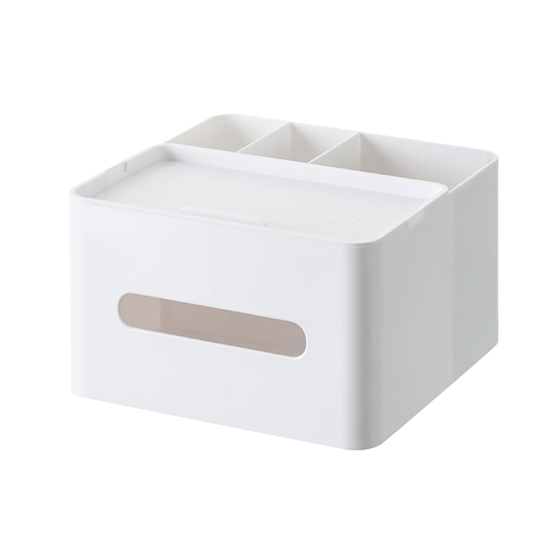 Horntide White 5-In-1 Tissue Box 20Cm Multifunction Countertop Organizer 3X Compartments 1X Tray Boutique Stationery Storage Caddy Hips Plastic (White)