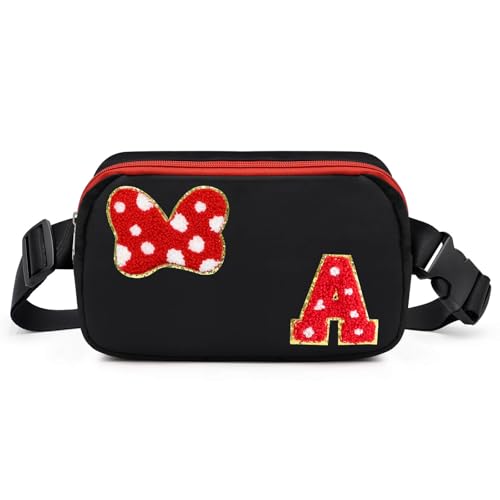 Chenille Initial Letter Bow Mouse Fanny Pack Waterproof Park Crossbody Bag Christmas Birthday Gifts for Teen Girls Daughter Women Kids Adults Cute Belt Bag Must Haves for Park Travel (A Black)