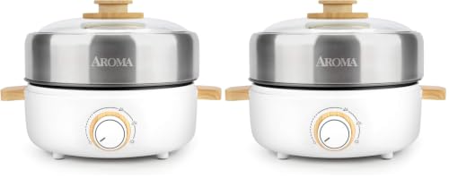 Image of Aroma Housewares AMC-130 Whatever Pot, Indoor Grill, Cooking, Hot Pot with Glass Lid, Bamboo Handles, Stainless Steel /White, 2.5 Quarts (Pack of 2)