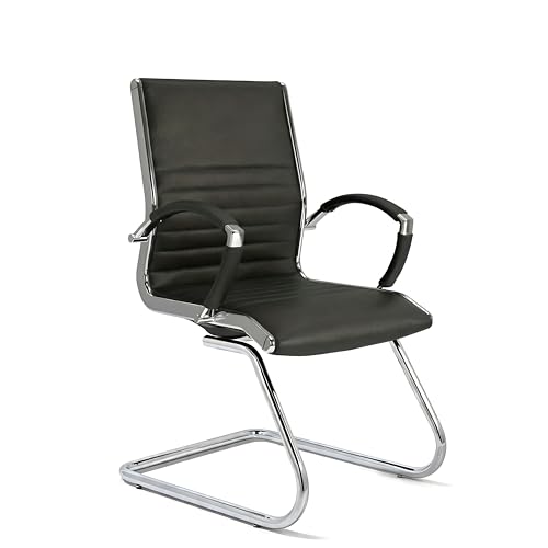 VERSEE Premium Echt-Leder Besucherstuhl Montreal in Schwarz mit Armlehne - Freischwinger mit Chrom für Büro und Konferenzräume - Belastbar bis 150kg