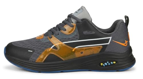 Image of Athletic Running Shoes, Dark Grey with Orange Accents, Cushion Sole, Blue Outsole, Lace-Up Sneakers