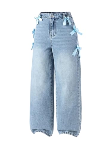 WDIRARA Girl's Cute Bowknot Elastic Waist Jeans High Waisted Straight Leg Denim Pants