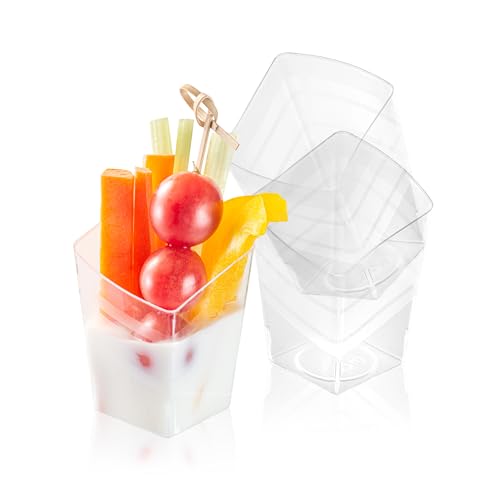 Restaurantware-Mini Serve 3 Ounce Triangular Tasting Cups, 100 Slanted Mini Dessert Cups - Disposable, Striped Design, Clear Plastic Parfait Cups, Serve Appetizers, Samples, Or Desserts, For Buffet