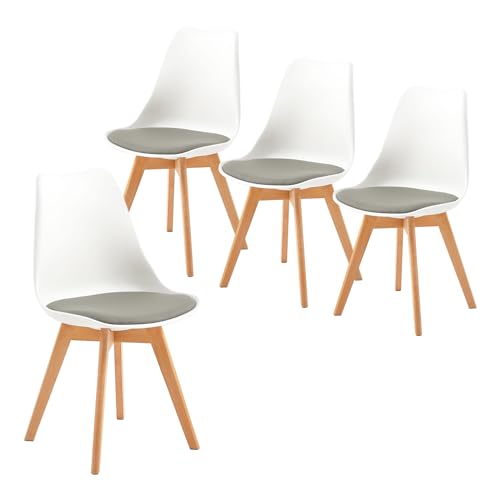 IPOTIUS Sillas de Comedor Escandinavas Vintage Nórdico de Cocina Sillas de Oficina Modernas Asientos Tapizados de Haya Maciza, Certificado SGS Sillas de Salón (Blanco - Gris PU Cojín, Juego de 4)