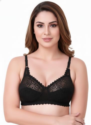 Image of Premium Women's Floral Lace Non-Padded Full Coverage Bra - Wire-Free Support Bralette in Nude