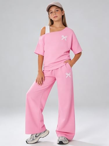 Image of Teen Girls Clothes Off the Shoulder Top and Wide Leg Pants Matching Outfit Set with Pockets Size 7-16