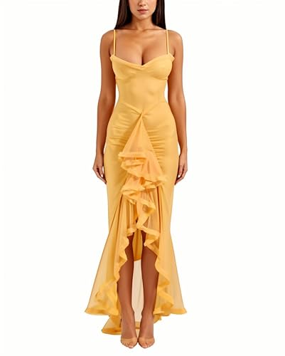 Image of Women's Cocktail Maxi Dress - Sleeveless Spaghetti Strap Ruched Mesh Split Ruffle Hem Long Dresses(Yellow,Large)