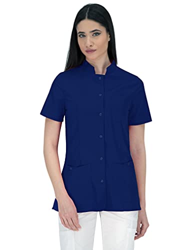 B-well Lisa Kasack mit Knopfen Schlupfkasack Damen Schlupfjacke Kurzarm 3 Taschen und verdeckter Befestigung mit Druckknöpfen (36, Blau) – Bild 2