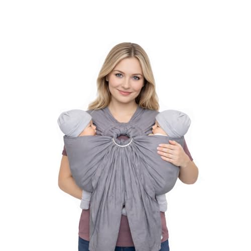 Product Image of the Grey Tandem Ring Sling for Twins – Linen & Cotton Blend Baby Carrier | Twin...