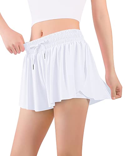 Auranso Girls Flowy Shorts With Pocket 2-In-1 Athletic Running Butterfly Shorts White 9-10 Years #TOP1