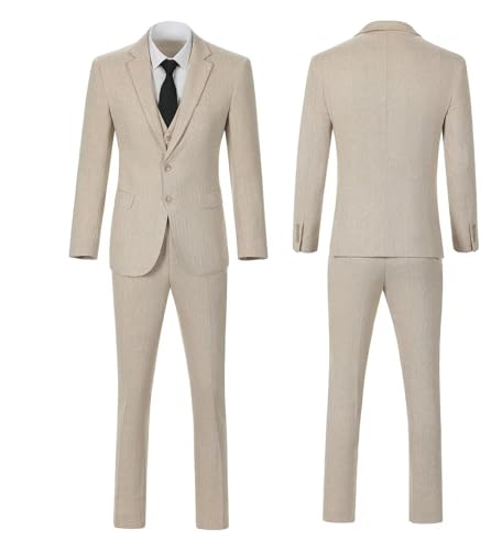 Image of Retro 3 Piece Suit Tweed Herringbone Men's Suits Slim Fit Groom Tuxedos Set Prom Brown Grey Jacket Blazer Vest Pants