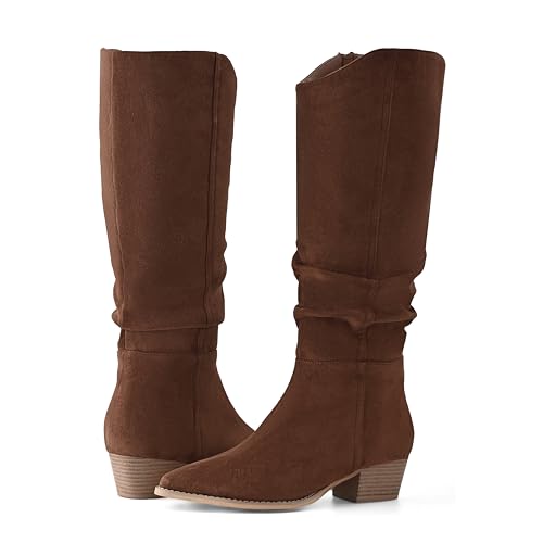 Shoe’N Tale Women's Knee High Boots Pointed Toe Cowboy Wide Calf Slouchy Suede Boots Chunky Stacked Heel Boots with Side Zipper3