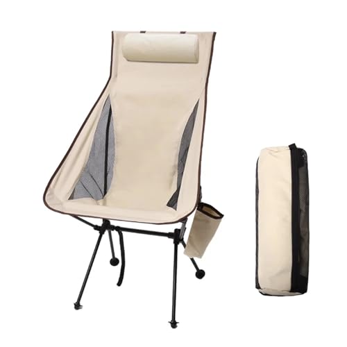 Silla de camping plegable portátil con reposacabezas, ligera, for turismo, aleación aluminio, for pesca, muebles exterior(Beige)