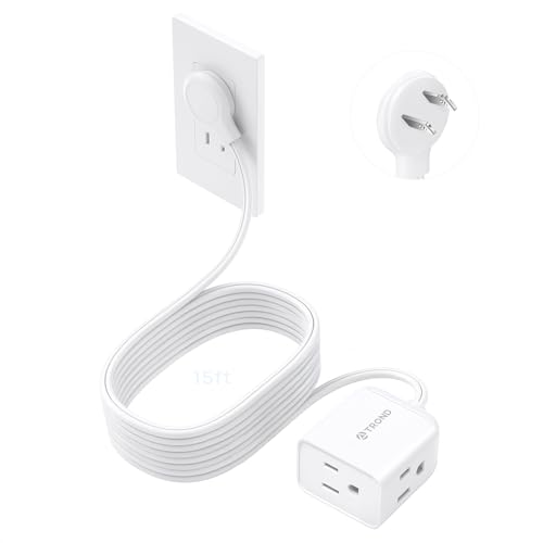 Image of TROND Indoor 2 Prong to 3 Prong Extension Cord - Polarized Flat Plug 3 Outlet Extension 15ft, 16 Gauge Cable, 1625W for Non-Ground Socket in Old House School Home Office Kitchen Dorm Room, White