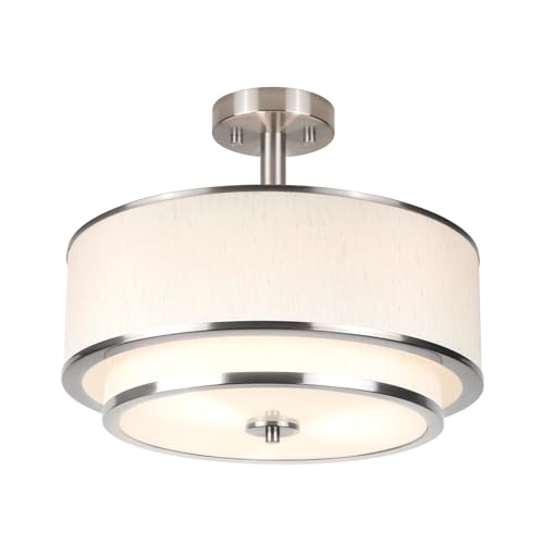 Edwarmlux 3-Light Semi Flush Mount Ceiling Light, 16' Drum Light with White Fabric Shade, Modern Close to Ceiling Lamp for Living Room Bedroom Dining Kitchen Hallway Entry (Brushed Nickel)