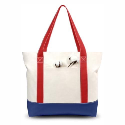 Image of TOPDesign 1-Pack Canvas Tote Bag with an External Pocket, Reusable Grocery Shopping Bag, Top Zipper Closure, Daily Essentials (Red /Blue /Natural)
