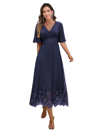 Tea Length V Neck Mother of The Bride Dresses with Sleeves for Women Lace Applique Formal Evening Gowns