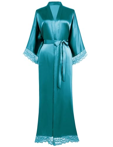 Image of BABEYOND Satin Kimono Robe Silky Long Bridesmaid Wedding Lightweight Bath Robe with Lace Trim