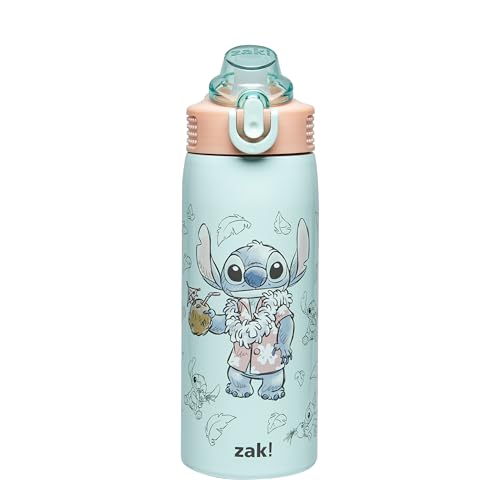 Zak Designs Disney Sage Kids Water Bottle For School or Travel 19oz Stainless Steel Water Bottle With Straw Handle and Leak-Proof Pop-Up Spout Cover (Stitch)