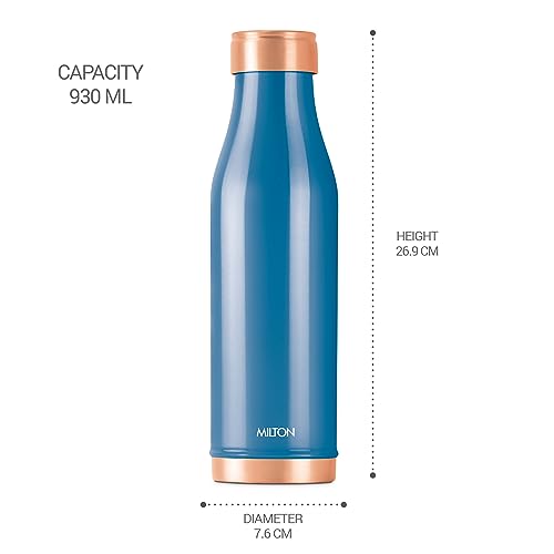MILTON Copper Charge Water Bottle, 930 ml, Dark Blue | Lacquer Coating, Curved Bottle | Diwali | Festive | Gifting | Yoga | Home | Kitchen | Vedic