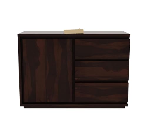 Image of Solid Sheesham Wood Walnut Finish 3 Drawer & 1 Door Chest Cabinet Storage Organizer Sideboard Console Cupboard Kitchen Buffet Unit Home Furniture for Office Living Bed & Dining Room