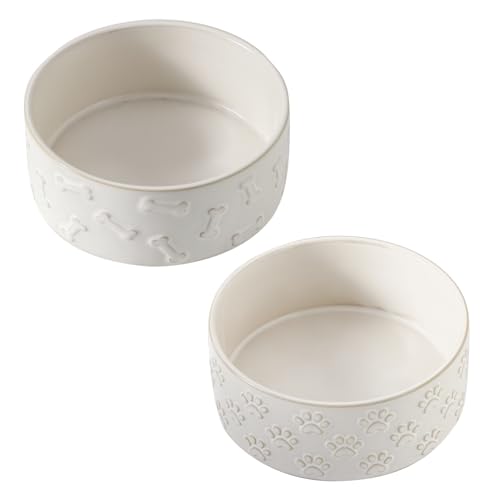 UBEE Ceramic Dog Bowl Set of 2, 5.1 inch Dog Food Bowl Dish with Bone or Paw Pattern, Pet Food Water Dish Feeding for Small Dogs and Large Cat, White