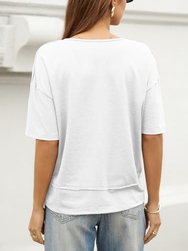 Image of UNCLECAT Womens V Neck T Shirts Summer Trendy Loose Fit Casual Tops Tees | Short sleeve, Spliced hem, Flowy graphic tees,Solid color cute basic t-shirts