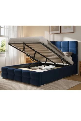 Velvet Upholstered Winsor Gas Lift Ottoman Bed Frame with Storage – Stylish, Space-Saving Storage Bed in Single, Double, King Sizes, Plush Padded Headboard – Elegant (Navy, King (U.K. Standard))