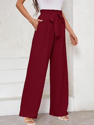 KORSIS Wide Leg Pants for Women Lightweight Waisted Adjustable Tie Knot Loose Comfy Casual Trousers with Pocket Wine Red XX-Large — view 6