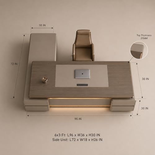 Image of Modern Luxury Executive Office Desk with Side Storage Unit, Premium Wooden Manager Table for CEO Cabin, Contemporary Office Furniture with LED Panel Design (LDL-889 MDFL L8W3)