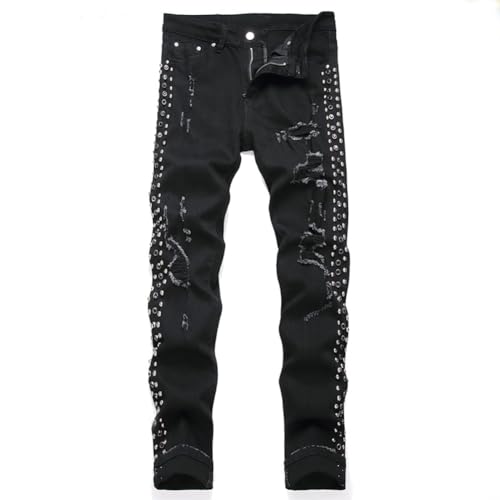 Men's Crystal Studs Jeans Stretchy Skinny Slim fit Ripped Distressed Beads Rivets Pants