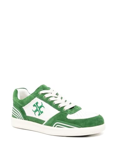 Tory Burch Women's White Mossy Green Clover Court Leather Suede Lace Up Sneakers