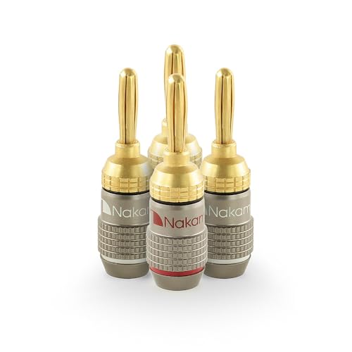 Nakamichi FanLock Excel Series 24k Gold Plated Banana Plugs 10 AWG - 18 AWG Gauge Size 4mm for Speakers Amplifier Hi-Fi Stereo Home Theatre Radio Audio Wire Cable Quick Connector, 4 Pcs (2-Pairs)