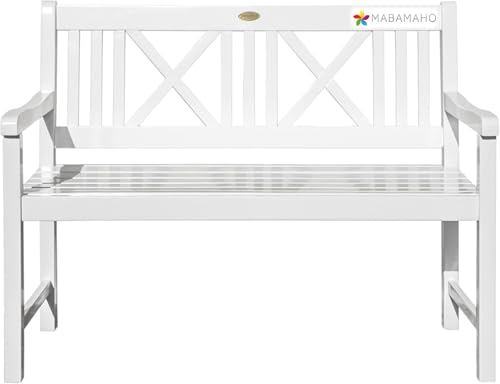 Garden Pleasure Landhausbank Lübeck, 2-Sitzer Gartenbank, weiß Washed, Länge 120 cm, Parkbank aus Eukalyptus, Holzbank für Balkon, Terrasse, Garten