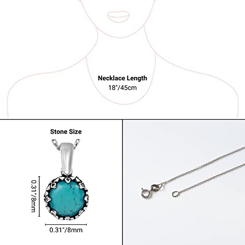 Turquoise Pendant Necklace 925 Sterling Silver For Women - December Birthstone 8Mm Round Cut Gemstone - Vintage Handmade Crown Style Silver Mount On A Silver Cable Chain - Elegant And Trendy Jewelry #TOP6