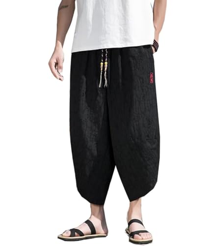 INVACHI Men's Linen Harem Capri Pants Summer Beach Wide Leg Pants Kimono Pants for Men