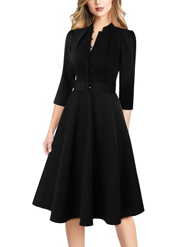 VFSHOW Womens 2024 Business Work Office 3/4 Sleeve Pockets Belted Buttons Elegant Fit and Flare A-Line Dress